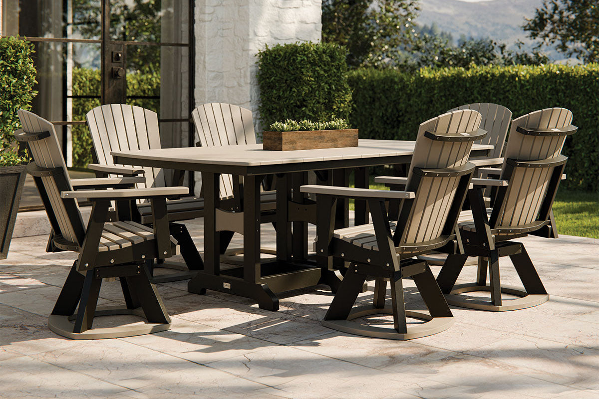 Classic Rectangle Dining Table in poly outdoor furniture, available in dining, counter, and bar heights, seating 6 to 8 people with an aluminum top and umbrella hole.