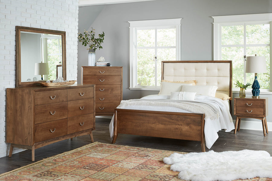 Full Tucson bedroom suite, including a bed, dresser, nightstand, and chest, crafted from high-quality hardwood with a modern, timeless appeal.